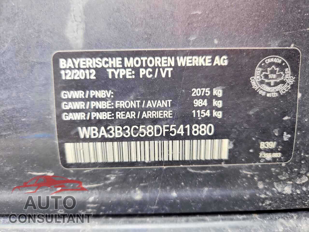 BMW 3 SERIES 2013 - WBA3B3C58DF541880