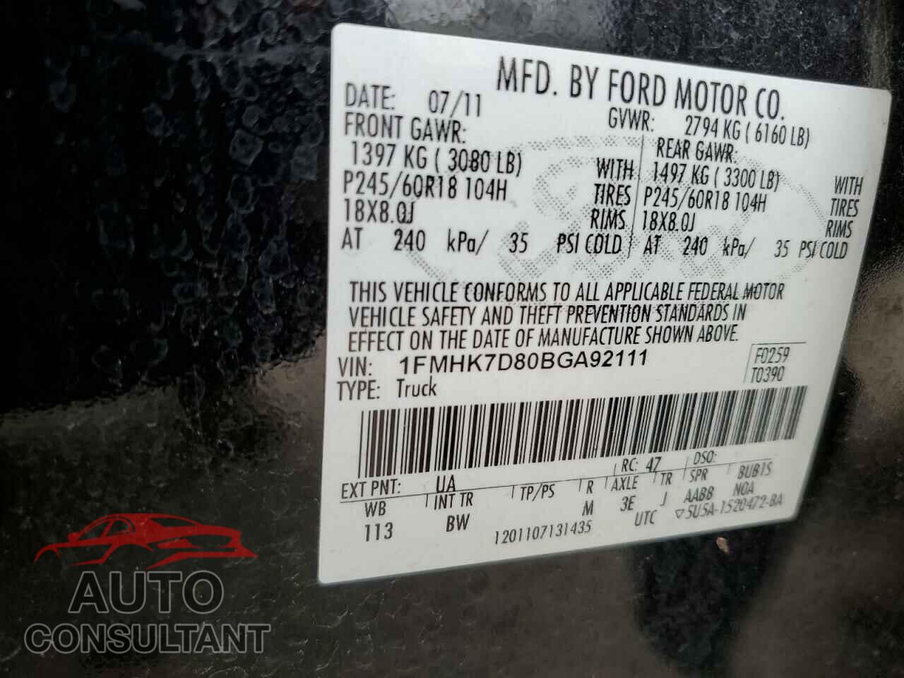 FORD EXPLORER 2011 - 1FMHK7D80BGA92111