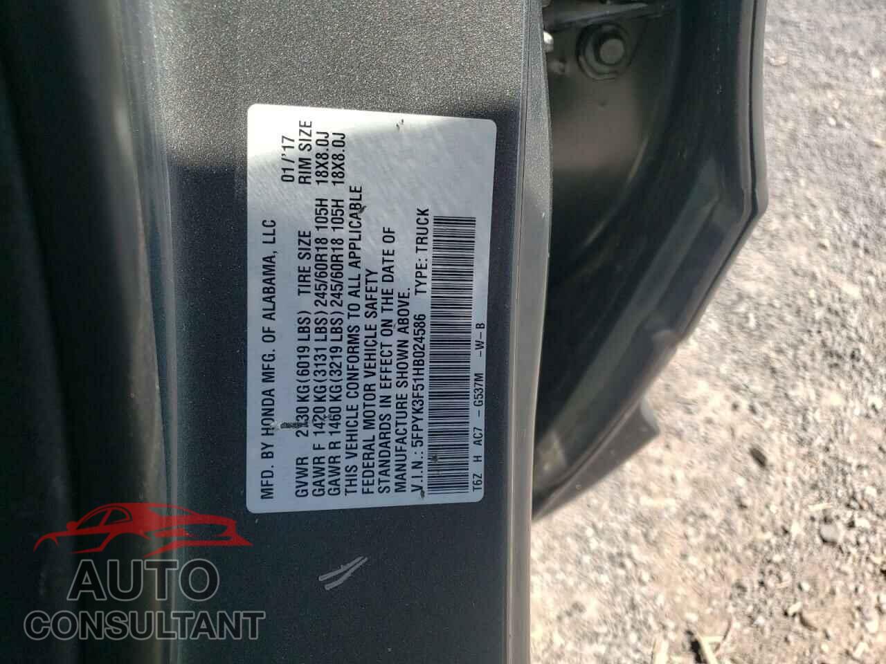 HONDA RIDGELINE 2017 - 5FPYK3F51HB024586