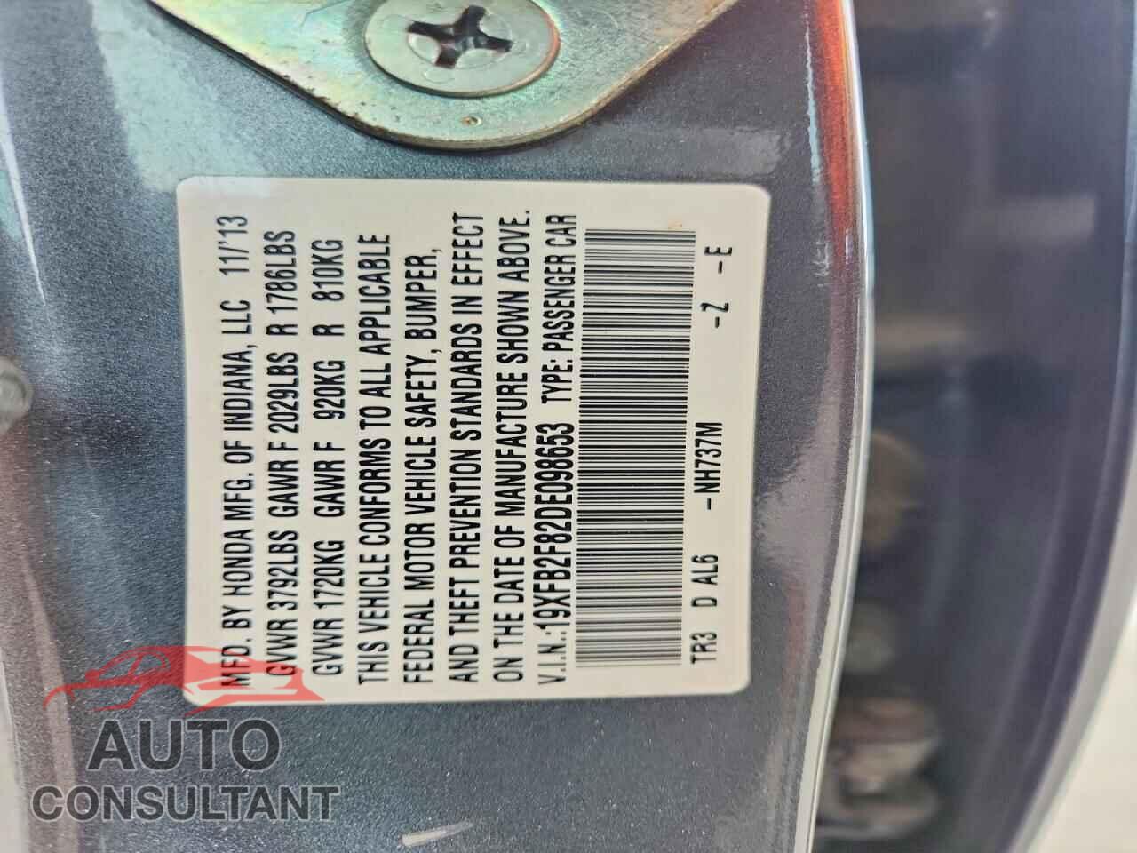 HONDA CIVIC 2013 - 19XFB2F82DE098653