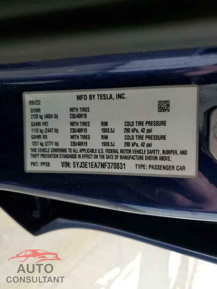 TESLA MODEL 3 2022 - 5YJ3E1EA7NF370831
