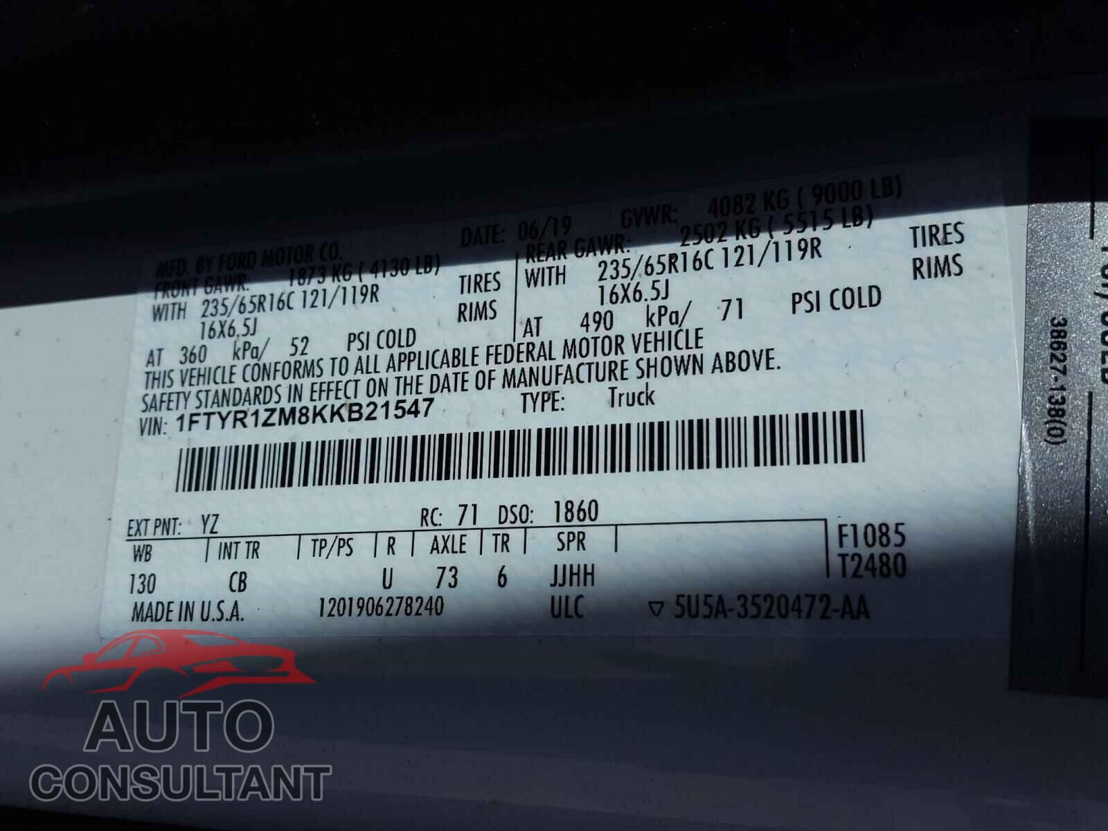 FORD TRANSIT CO 2019 - 1FTYR1ZM8KKB21547