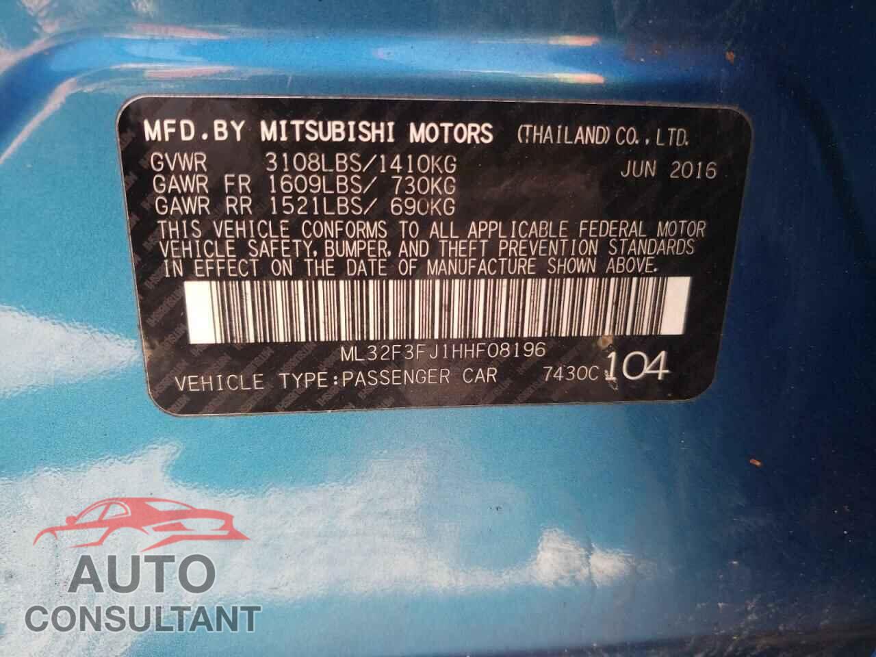 MITSUBISHI MIRAGE 2017 - ML32F3FJ1HHF08196
