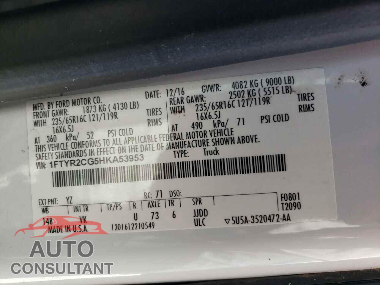 FORD TRANSIT 2017 - 1FTYR2CG5HKA53953
