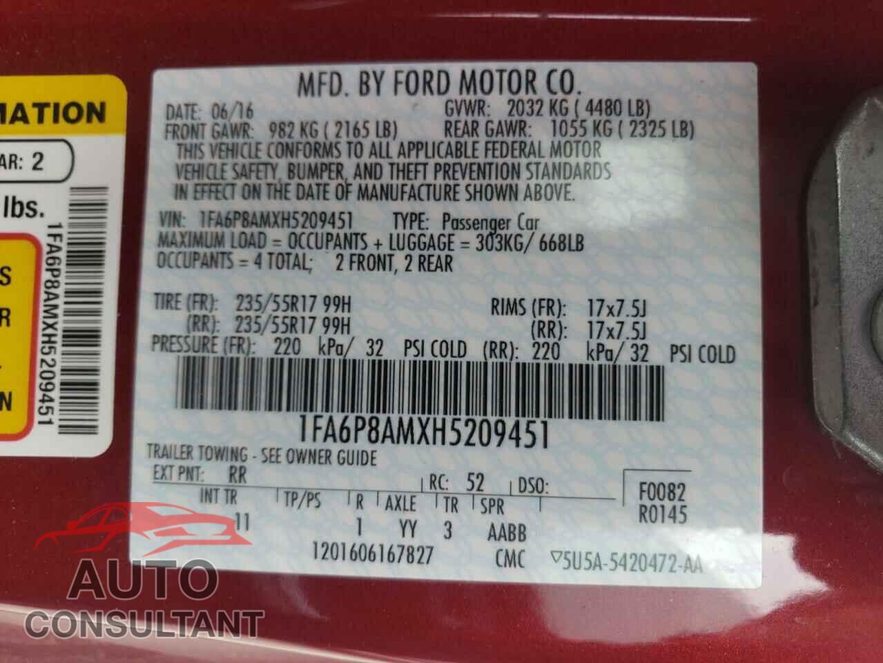 FORD MUSTANG 2017 - 1FA6P8AMXH5209451