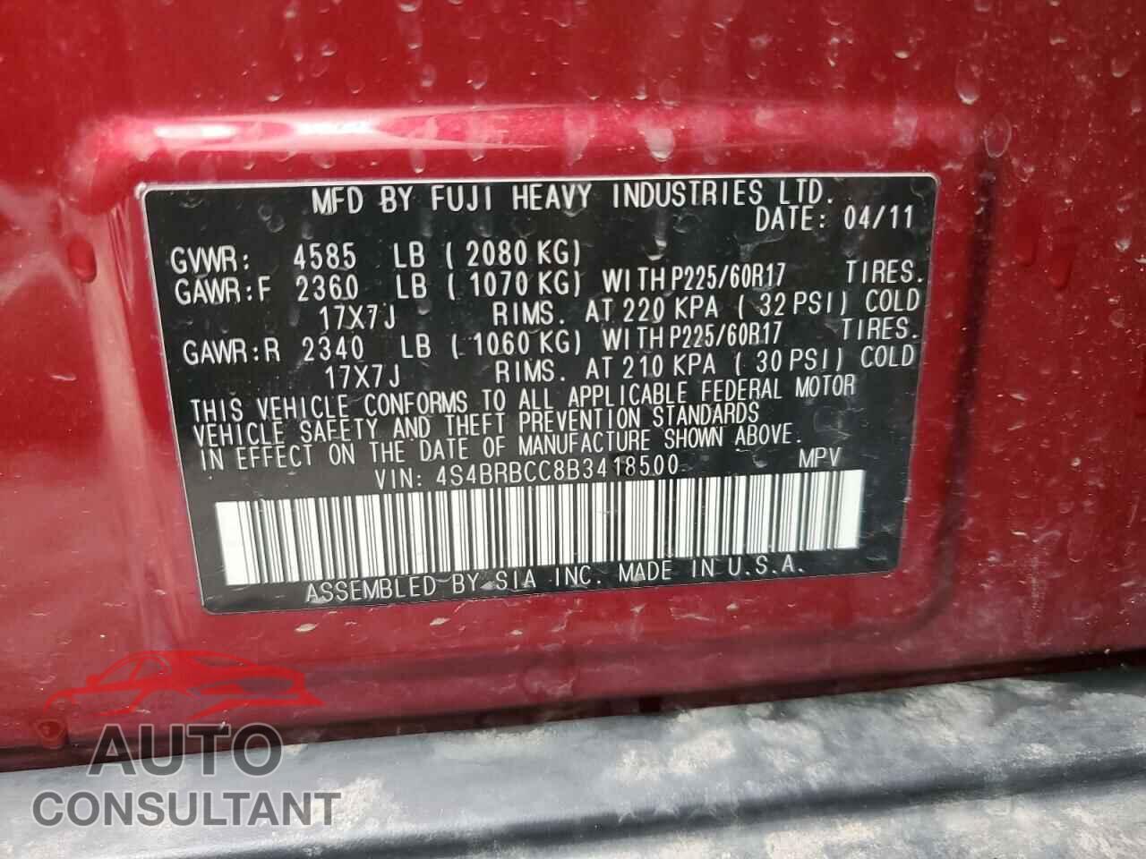 SUBARU OUTBACK 2011 - 4S4BRBCC8B3418500