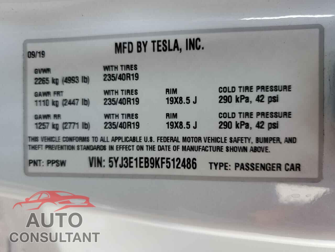 TESLA MODEL 3 2019 - 5YJ3E1EB9KF512486