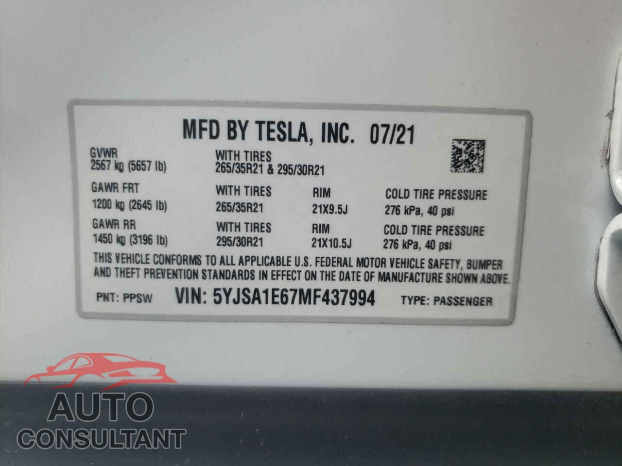 TESLA MODEL S 2021 - 5YJSA1E67MF437994