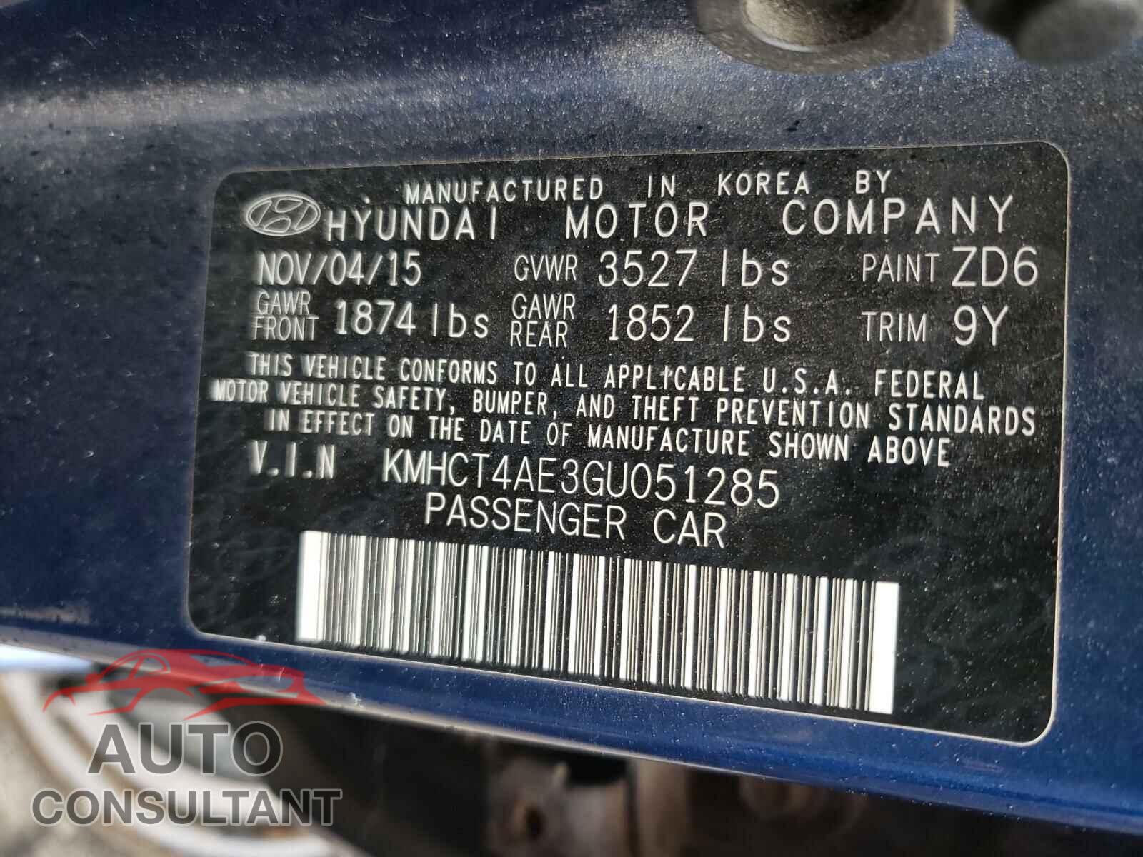 HYUNDAI ACCENT 2016 - KMHCT4AE3GU051285