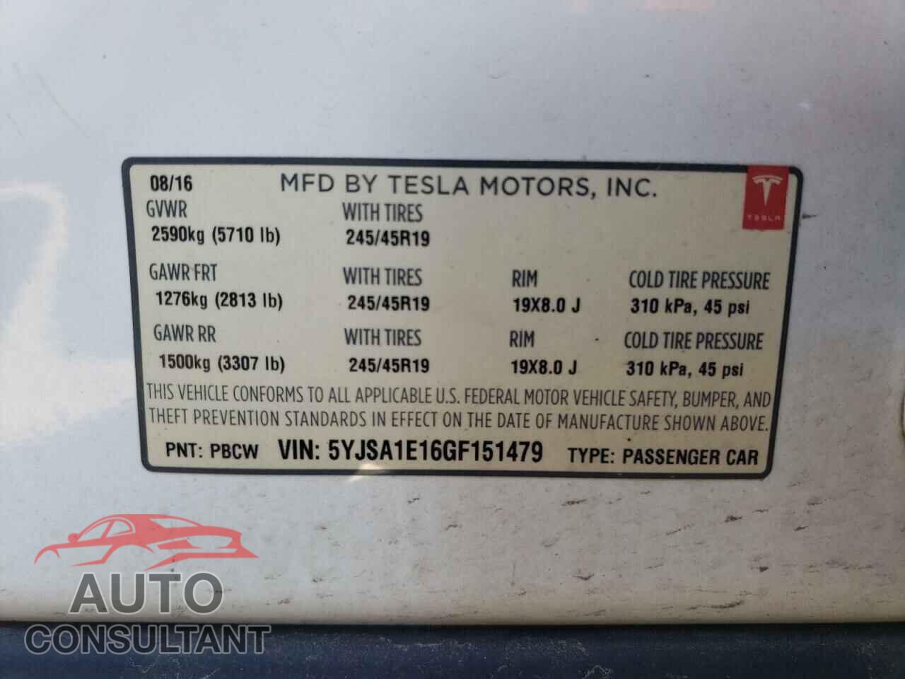 TESLA MODEL S 2016 - 5YJSA1E16GF151479