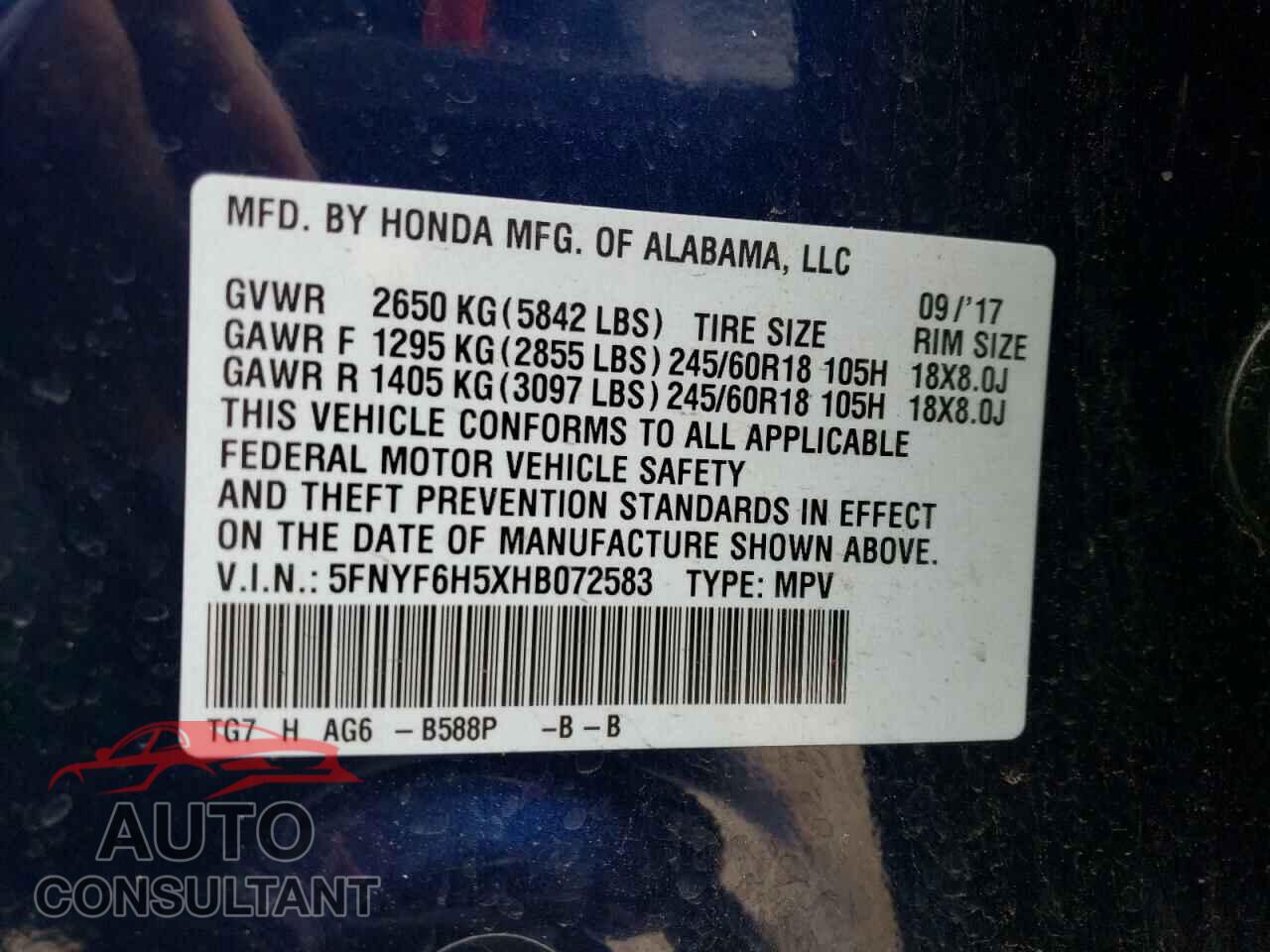 HONDA PILOT 2017 - 5FNYF6H5XHB072583