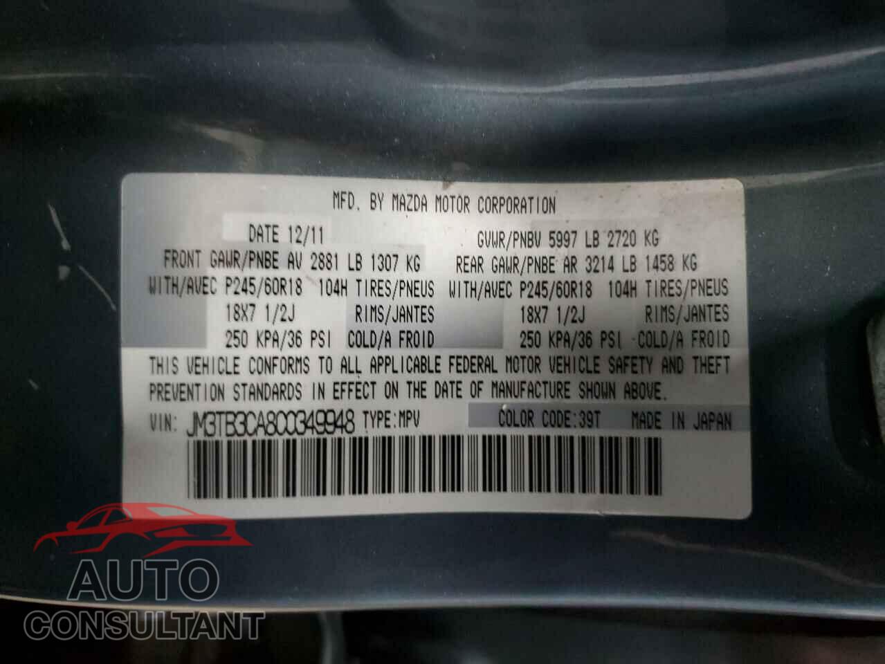 MAZDA CX-9 2012 - JM3TB3CA8C0349948
