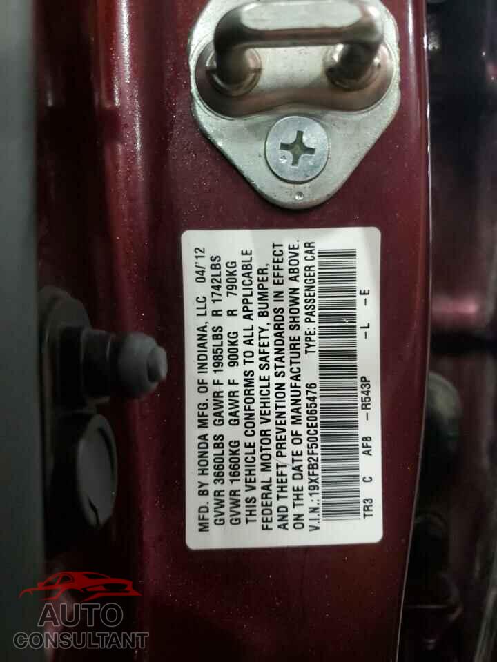 HONDA CIVIC 2012 - 19XFB2F50CE065476