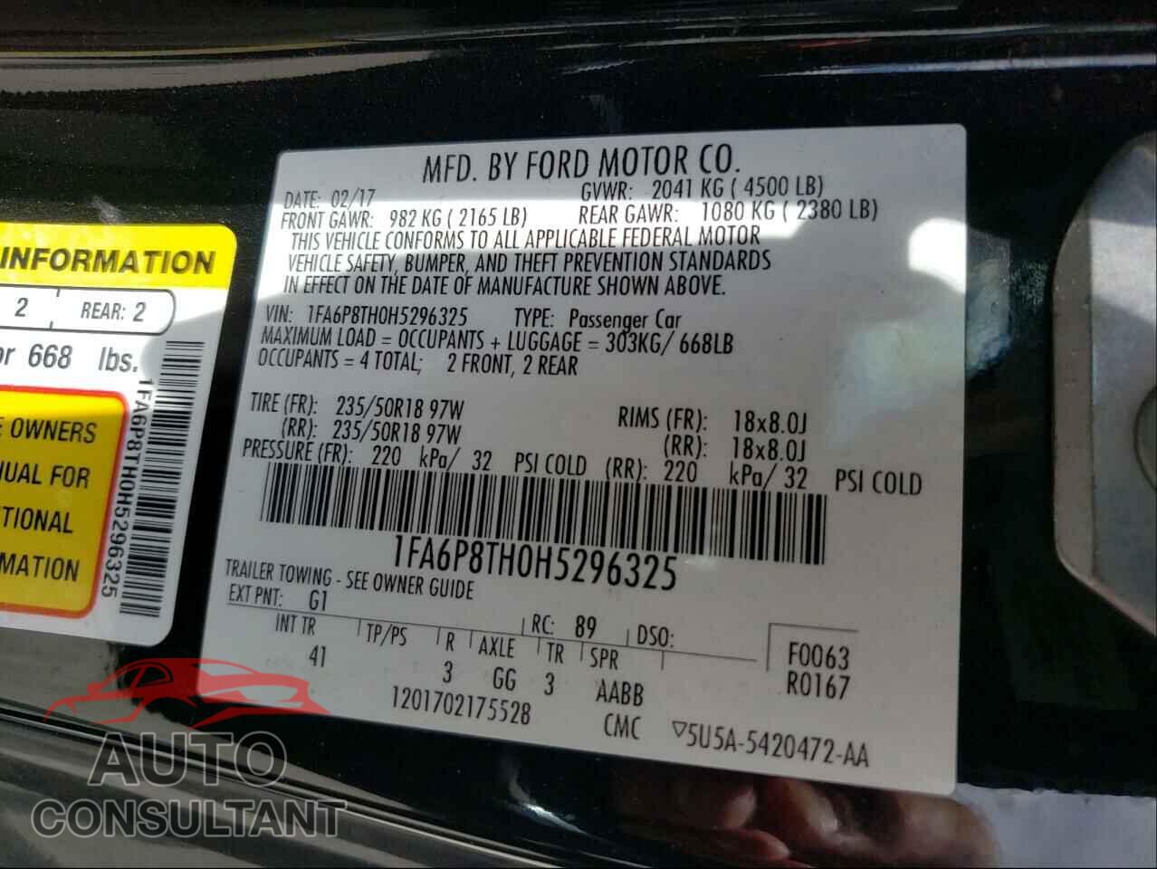 FORD MUSTANG 2017 - 1FA6P8TH0H5296325
