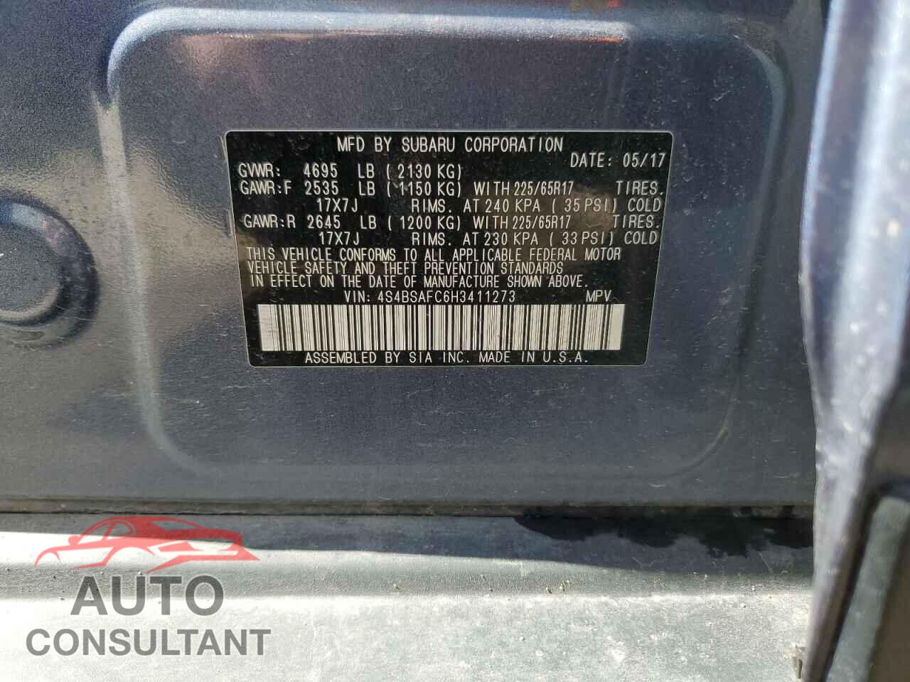 SUBARU OUTBACK 2017 - 4S4BSAFC6H3411273
