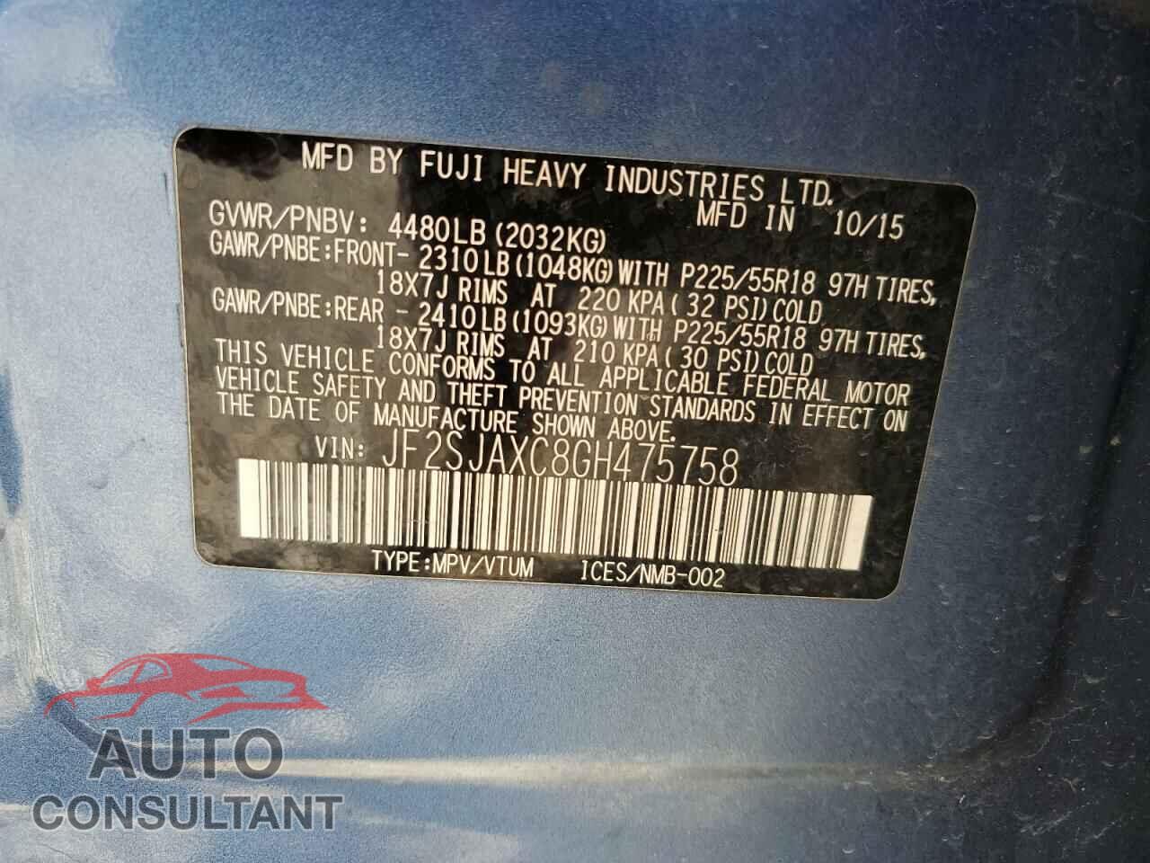 SUBARU FORESTER 2016 - JF2SJAXC8GH475758