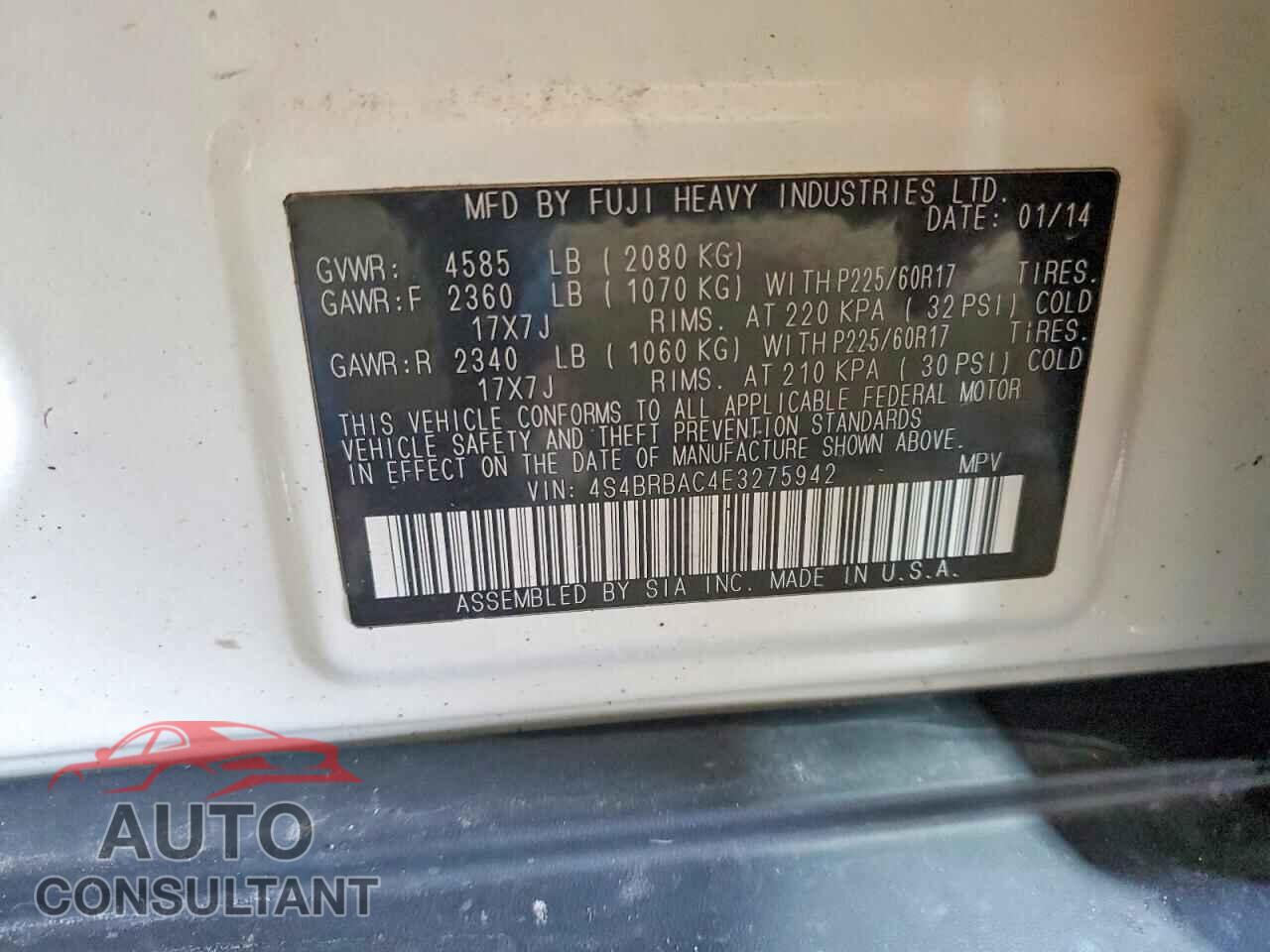 SUBARU OUTBACK 2014 - 4S4BRBAC4E3275942