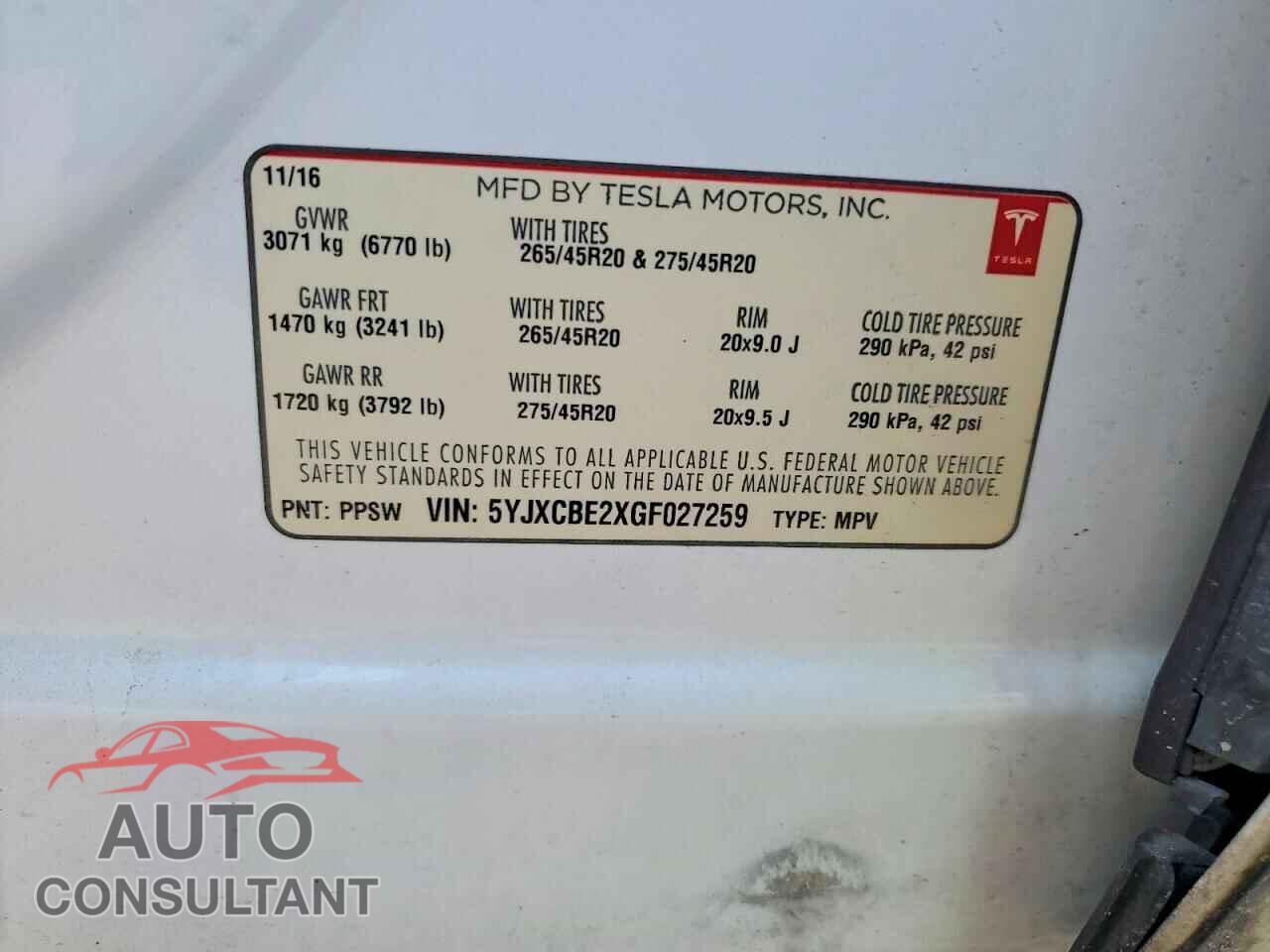 TESLA MODEL X 2016 - 5YJXCBE2XGF027259