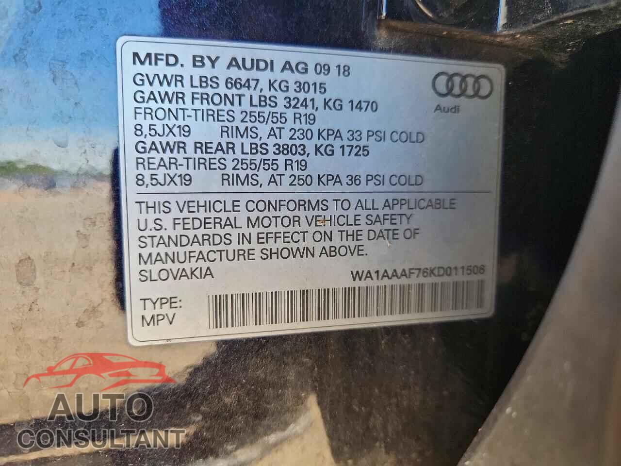 AUDI Q7 2019 - WA1AAAF76KD011506