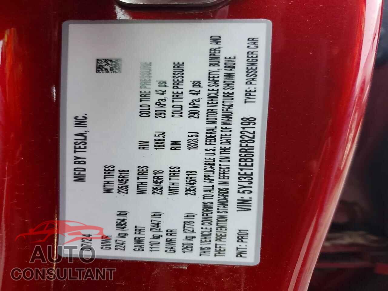 TESLA MODEL 3 2024 - 5YJ3E1EB6RF822198