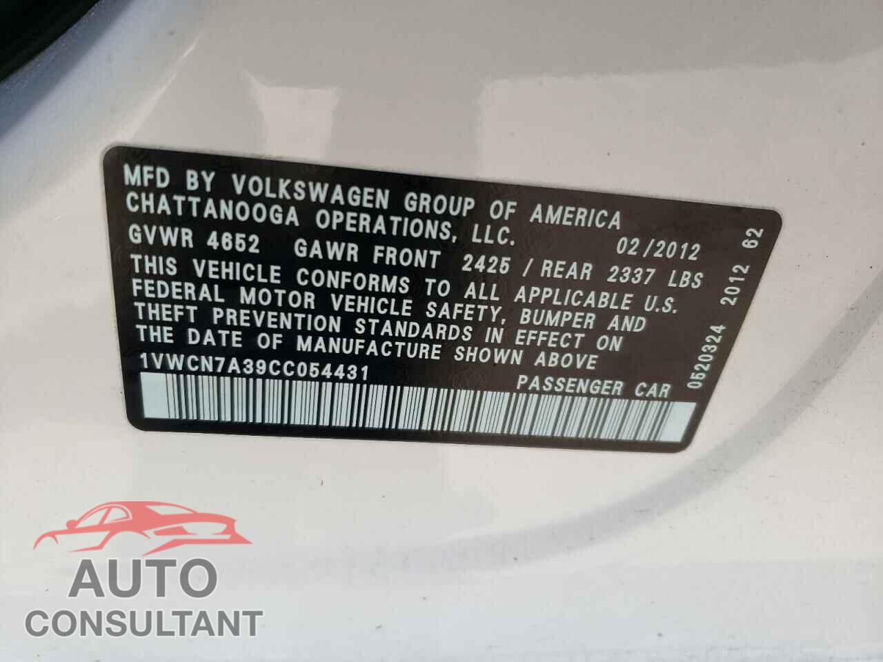VOLKSWAGEN PASSAT 2012 - 1VWCN7A39CC054431