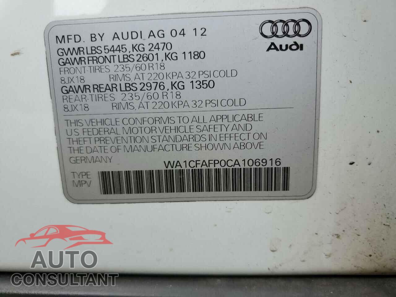 AUDI Q5 2012 - WA1CFAFP0CA106916
