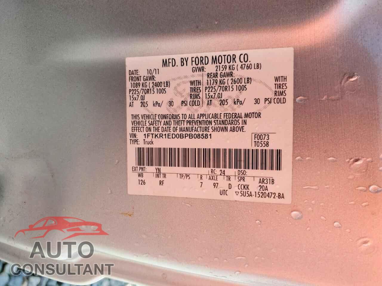 FORD RANGER 2011 - 1FTKR1ED0BPB08581