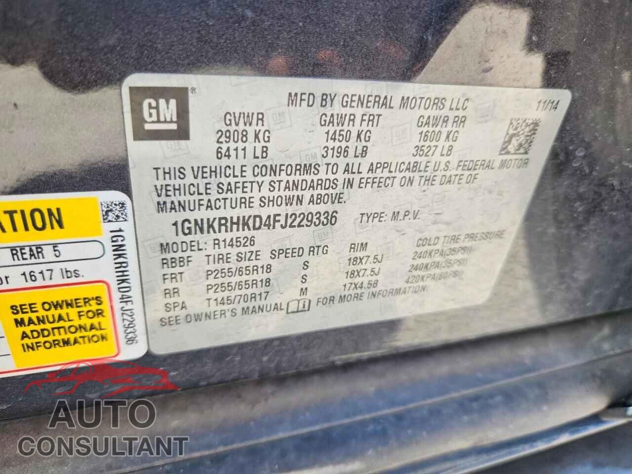 CHEVROLET TRAVERSE 2015 - 1GNKRHKD4FJ229336