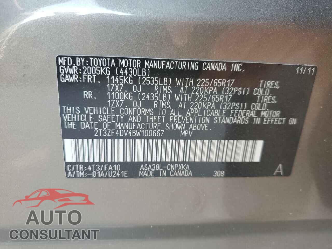TOYOTA RAV4 2011 - 2T3ZF4DV4BW100667