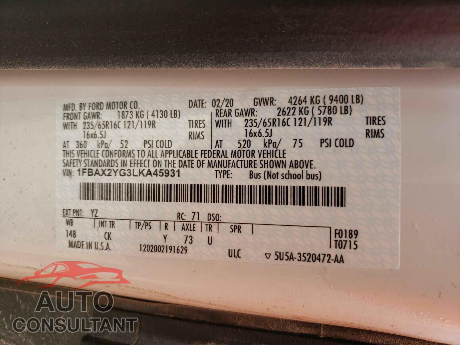 FORD TRANSIT CO 2020 - 1FBAX2YG3LKA45931