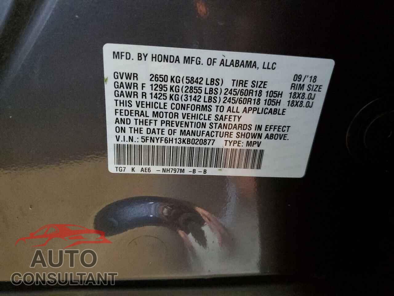HONDA PILOT 2019 - 5FNYF6H13KB020877