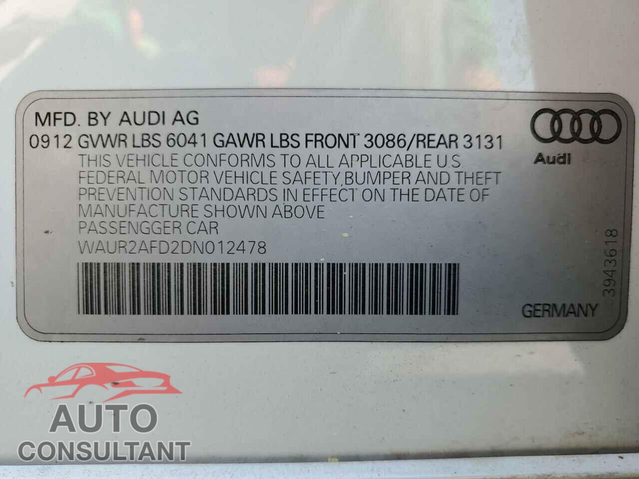AUDI A8 2013 - WAUR2AFD2DN012478