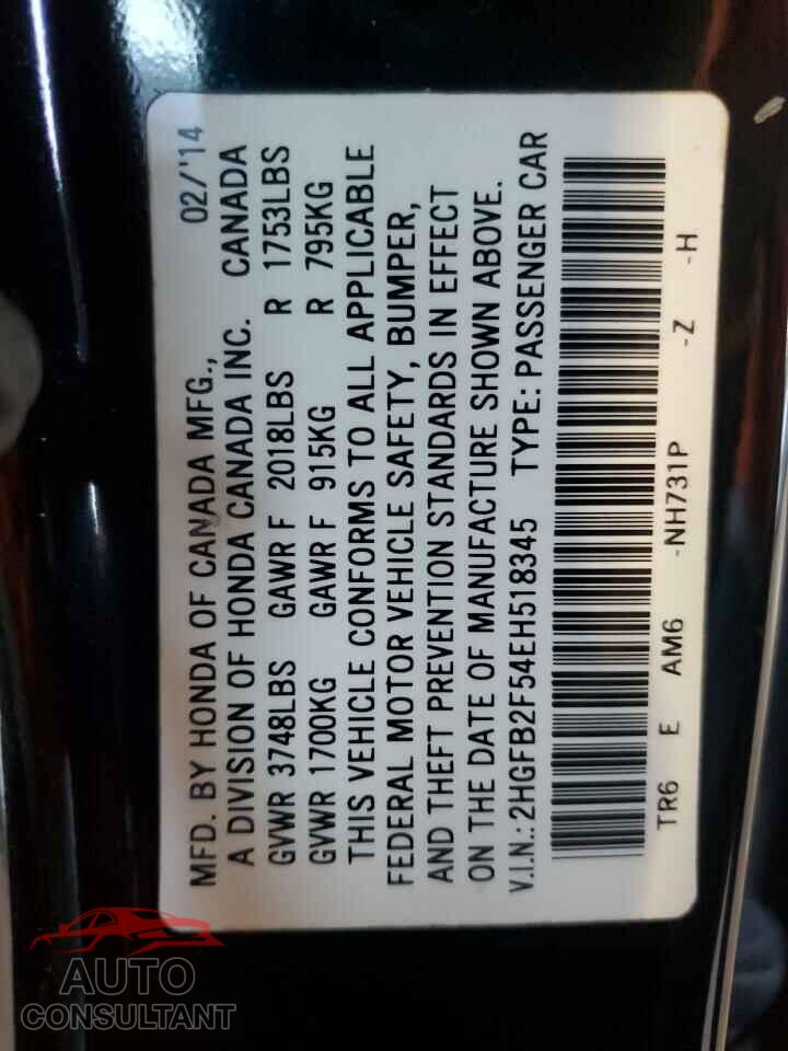 HONDA CIVIC 2014 - 2HGFB2F54EH518345