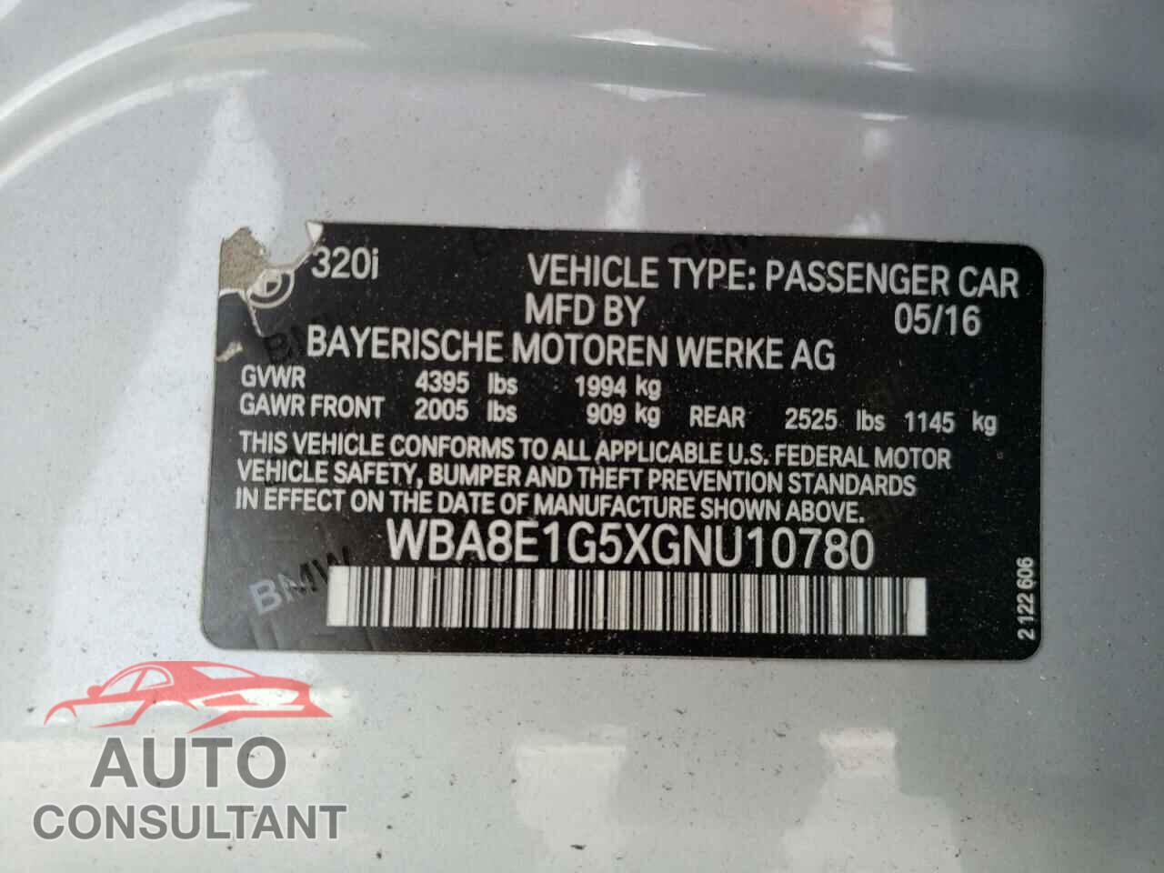 BMW 3 SERIES 2016 - WBA8E1G5XGNU10780
