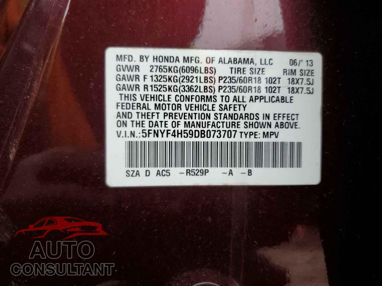 HONDA PILOT 2013 - 5FNYF4H59DB073707