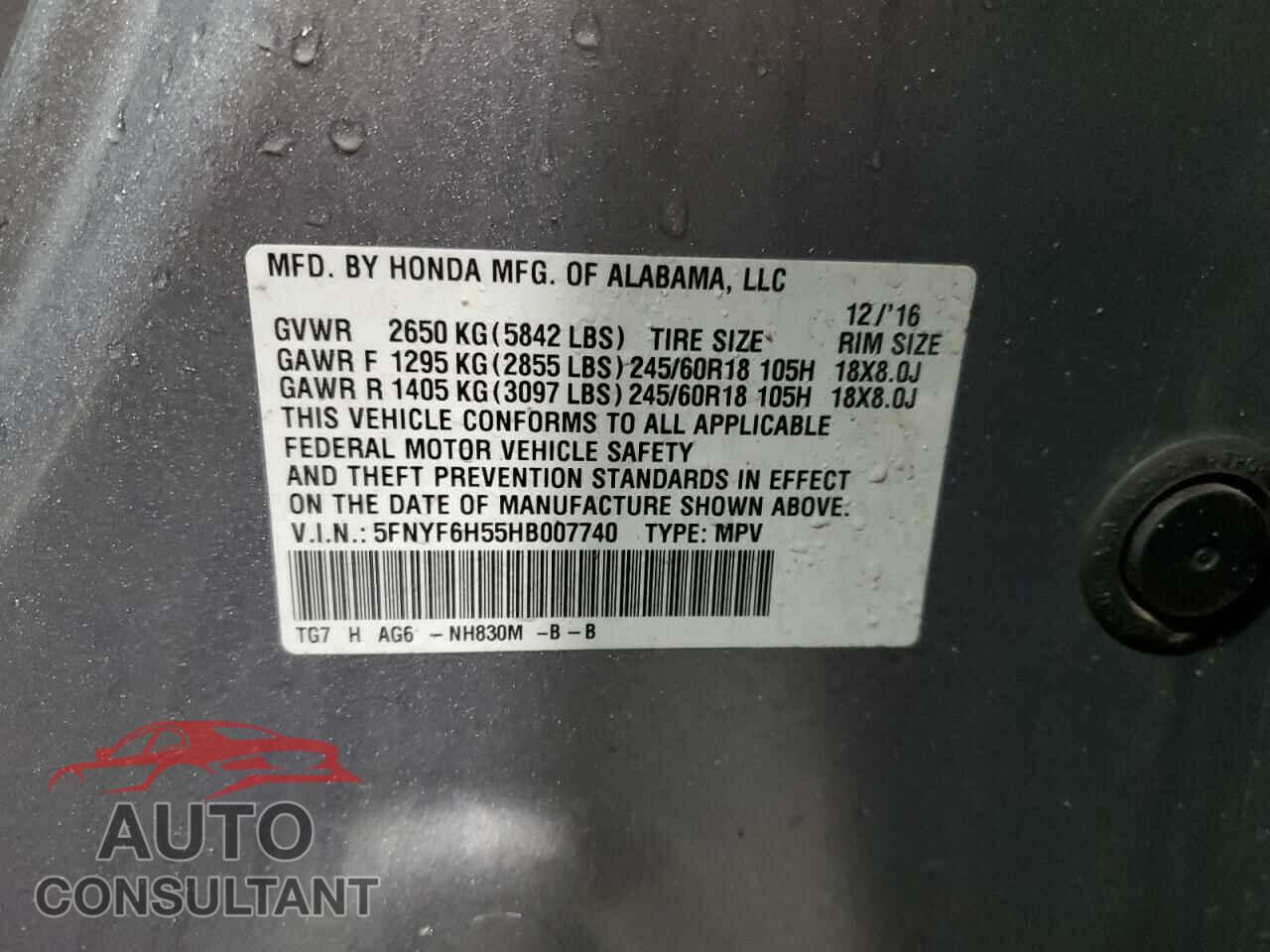 HONDA PILOT 2017 - 5FNYF6H55HB007740