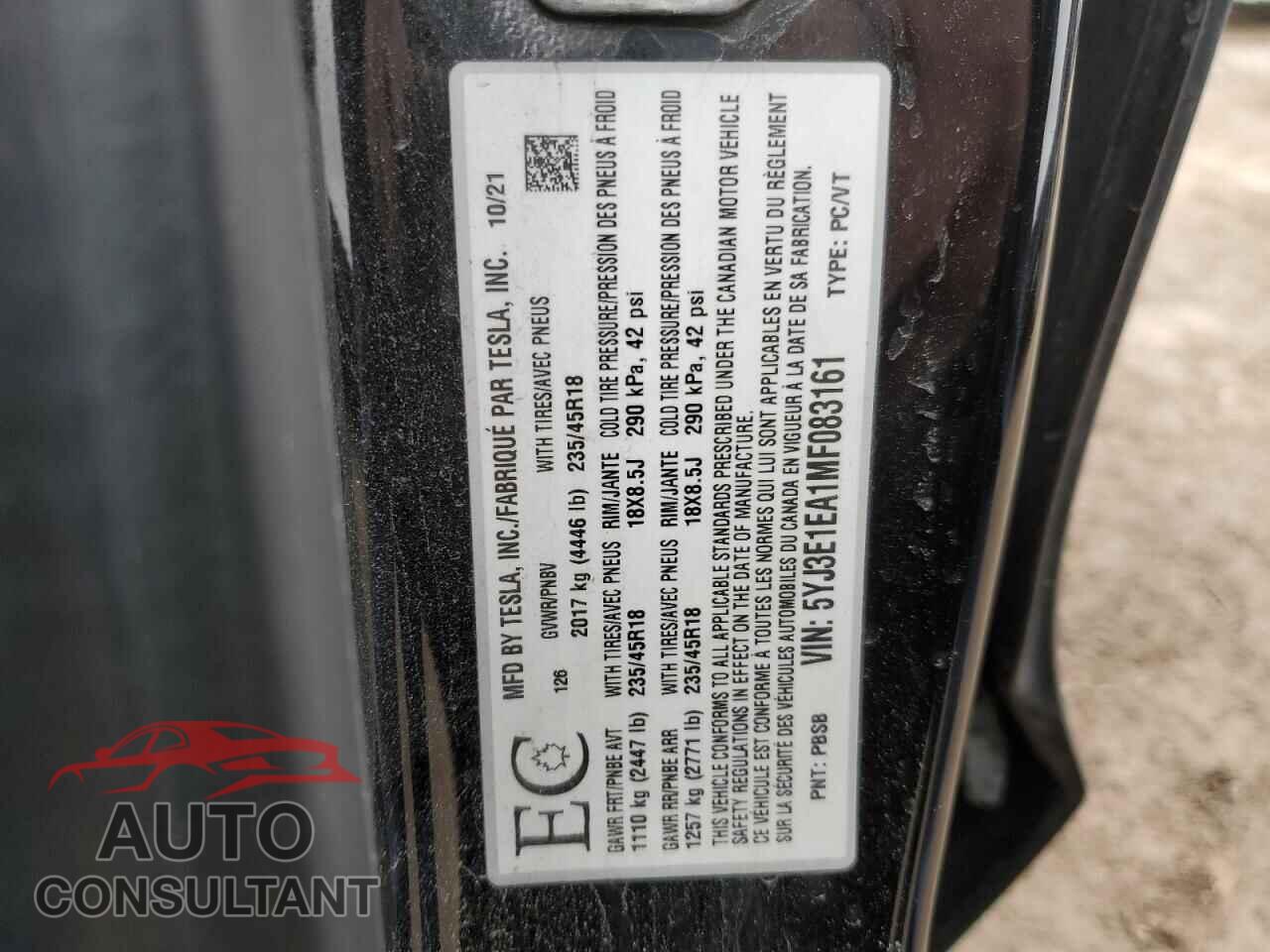 TESLA MODEL 3 2021 - 5YJ3E1EA1MF083161