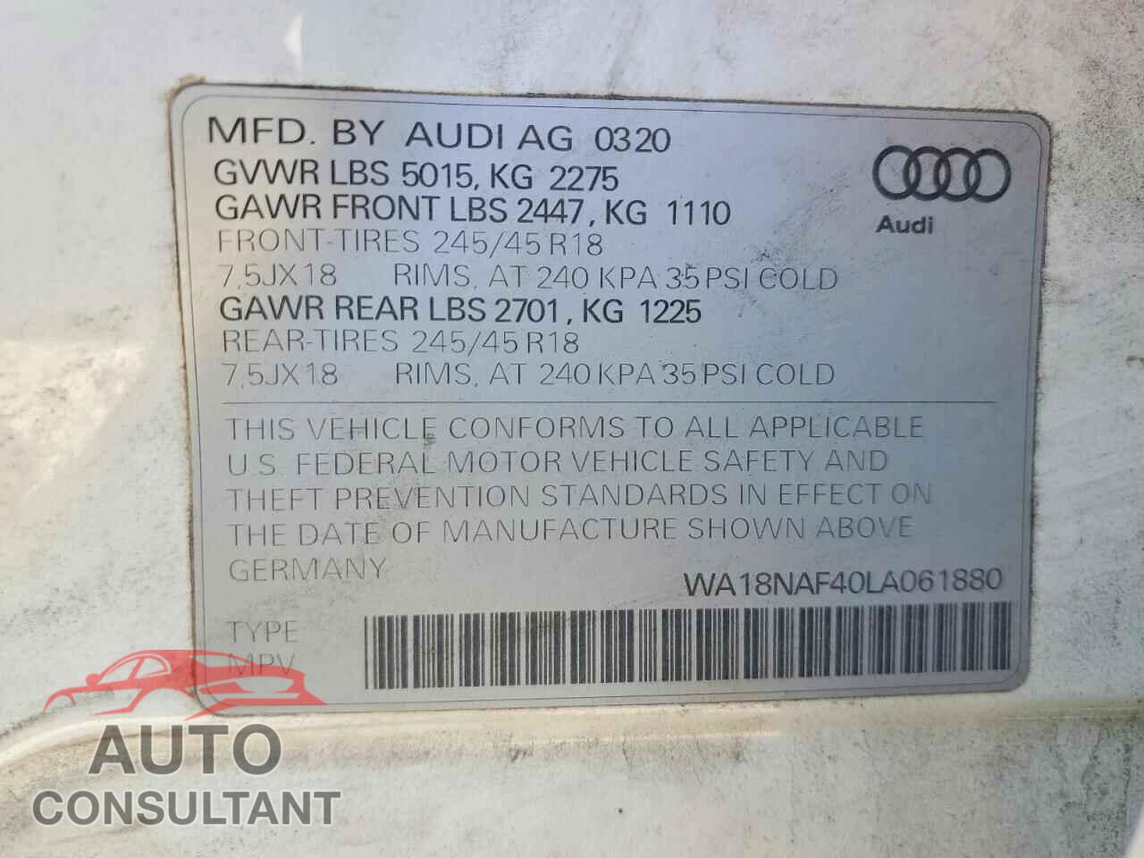 AUDI A4 2020 - WA18NAF40LA061880