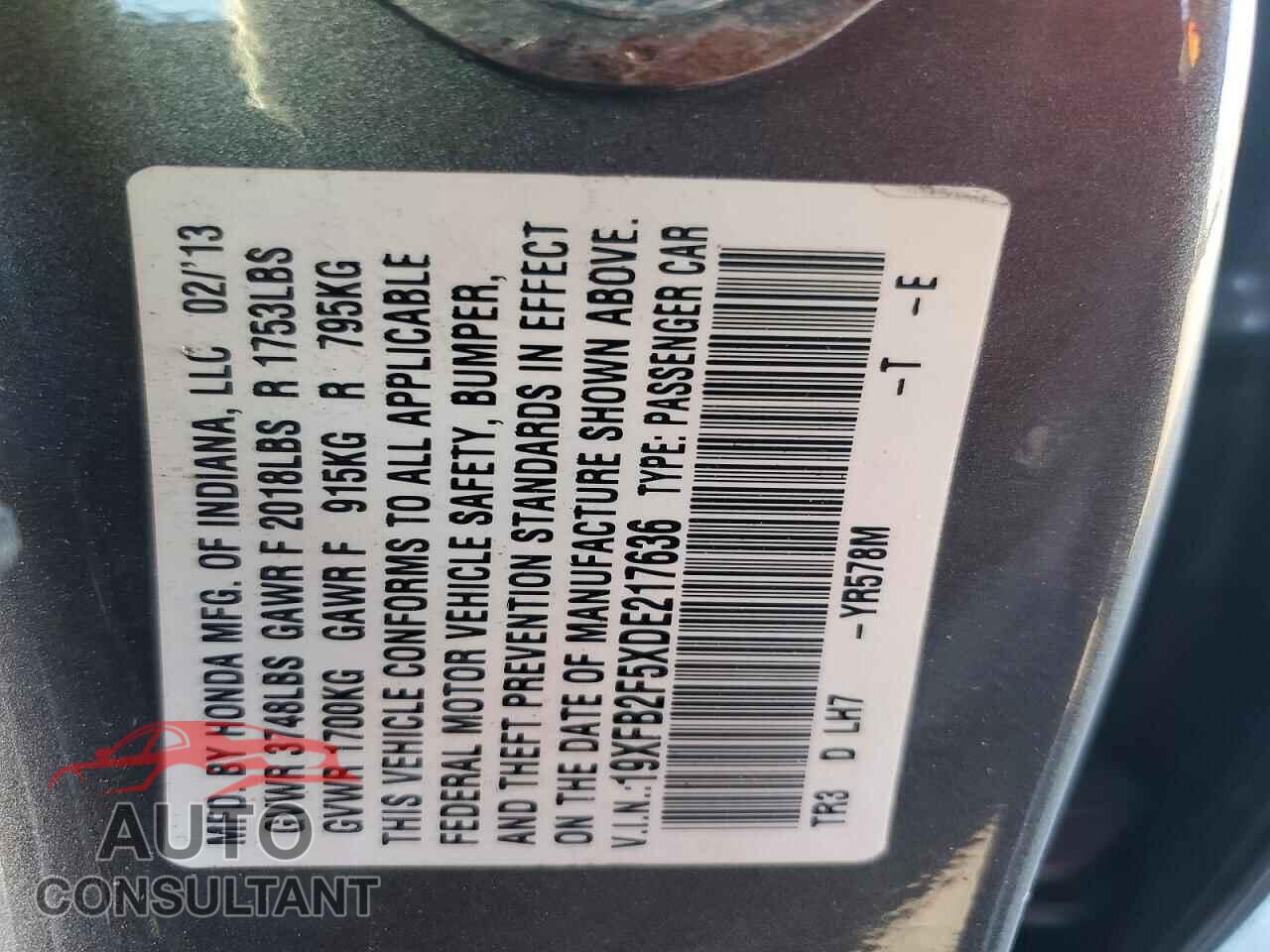 HONDA CIVIC 2013 - 19XFB2F5XDE217636