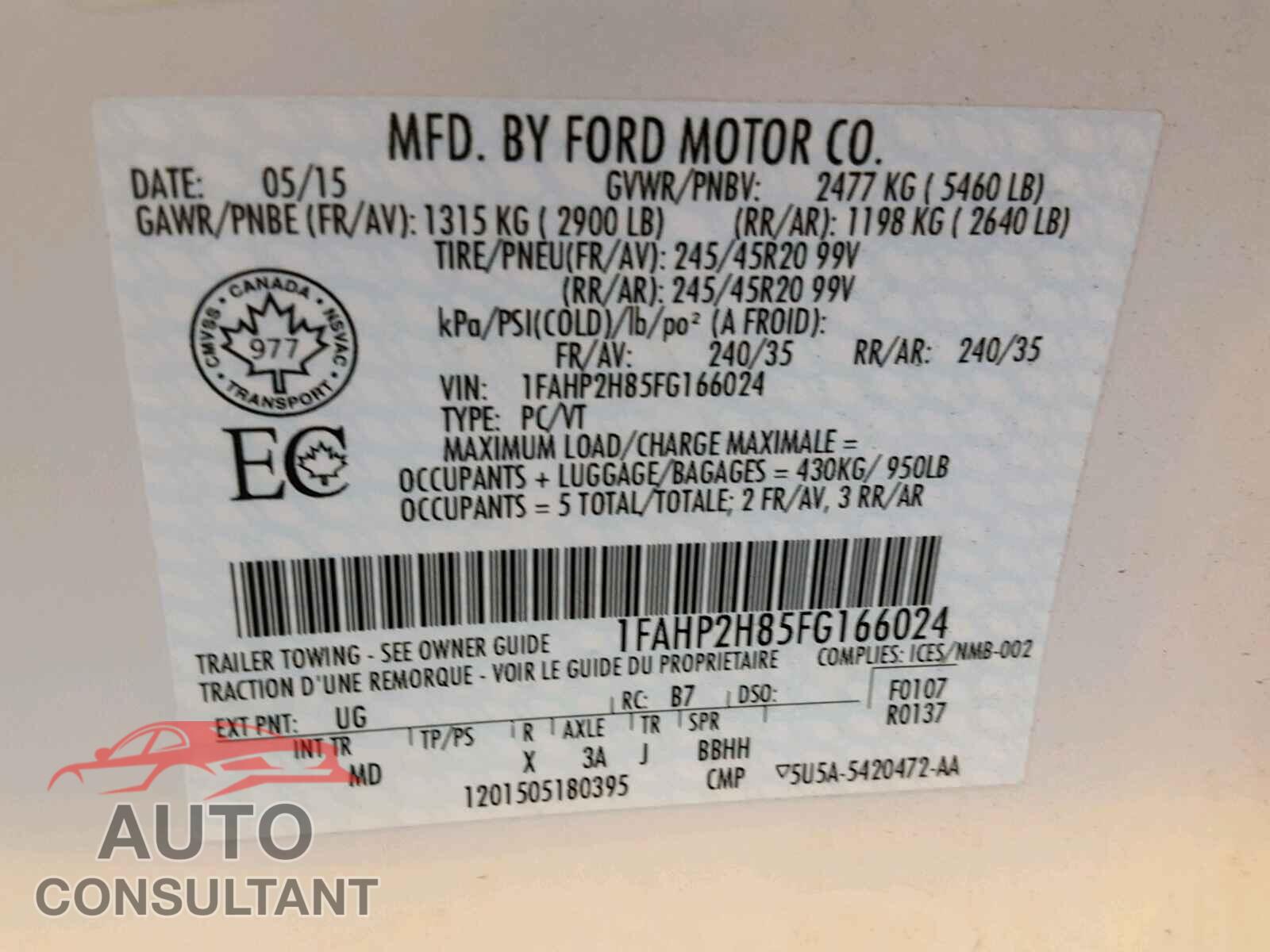 FORD TAURUS 2015 - 1FAHP2H85FG166024