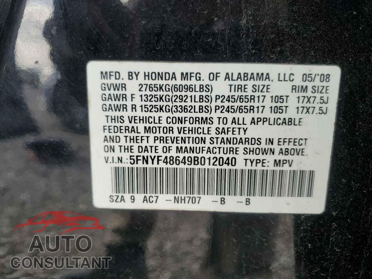 HONDA PILOT 2009 - 5FNYF48649B012040