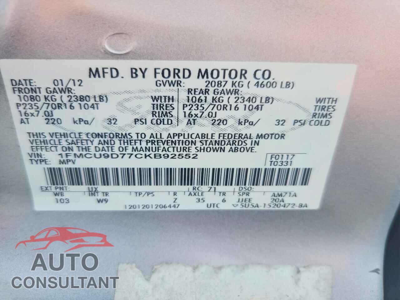 FORD ESCAPE 2012 - 1FMCU9D77CKB92552