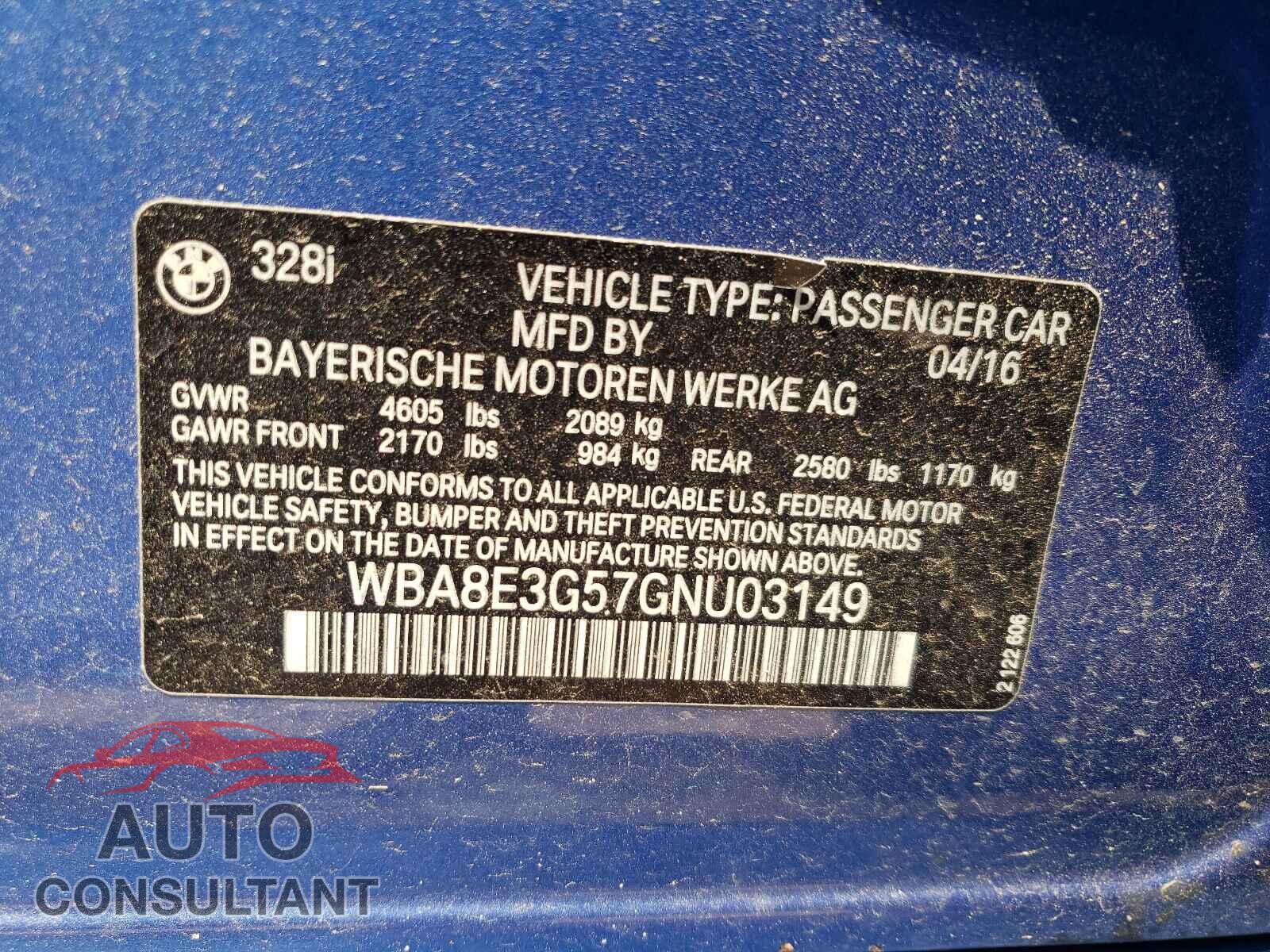 BMW 3 SERIES 2016 - WBA8E3G57GNU03149