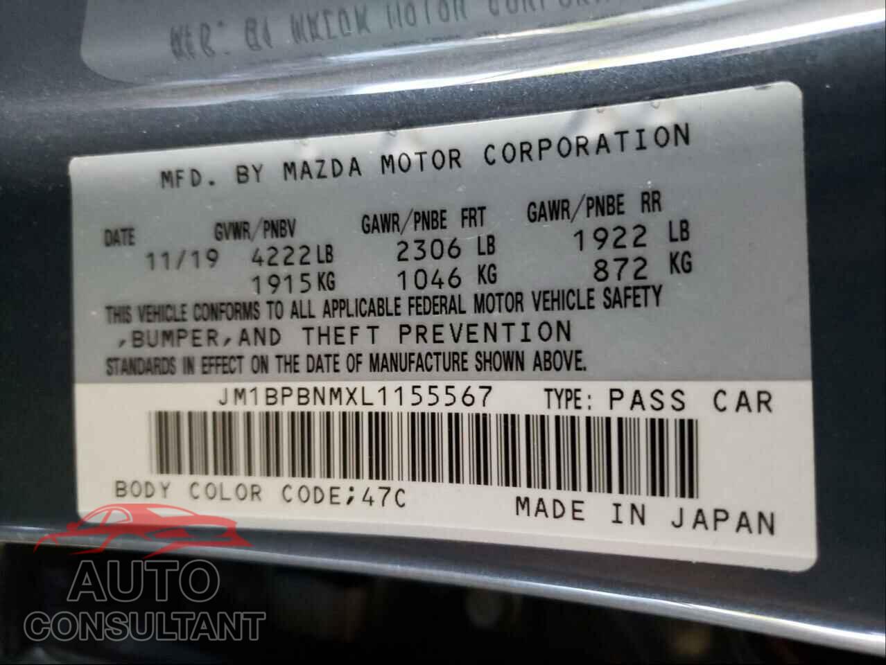 MAZDA 3 2020 - JM1BPBNMXL1155567