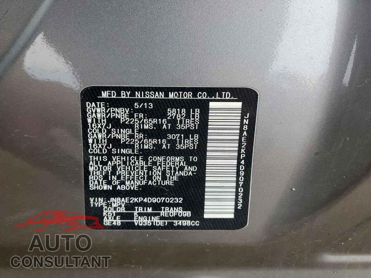 NISSAN QUEST 2013 - JN8AE2KP4D9070232