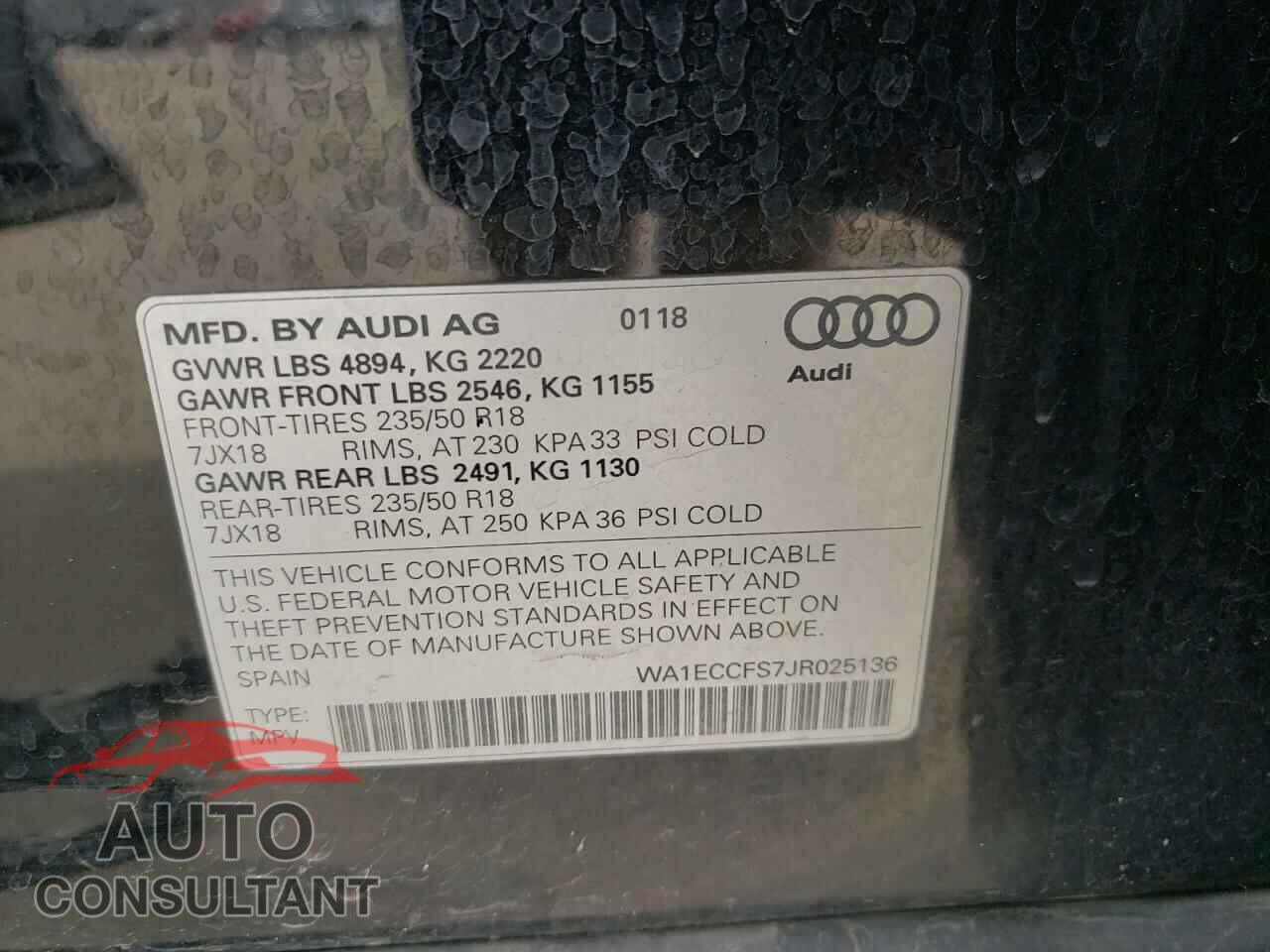 AUDI Q3 2018 - WA1ECCFS7JR025136