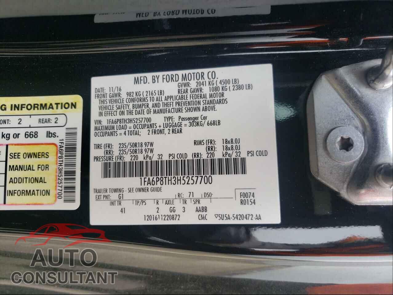 FORD MUSTANG 2017 - 1FA6P8TH3H5257700