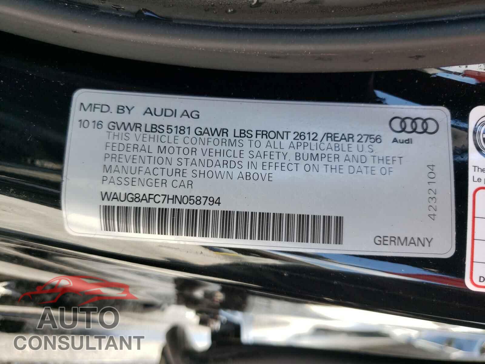 AUDI A6 2017 - WAUG8AFC7HN058794