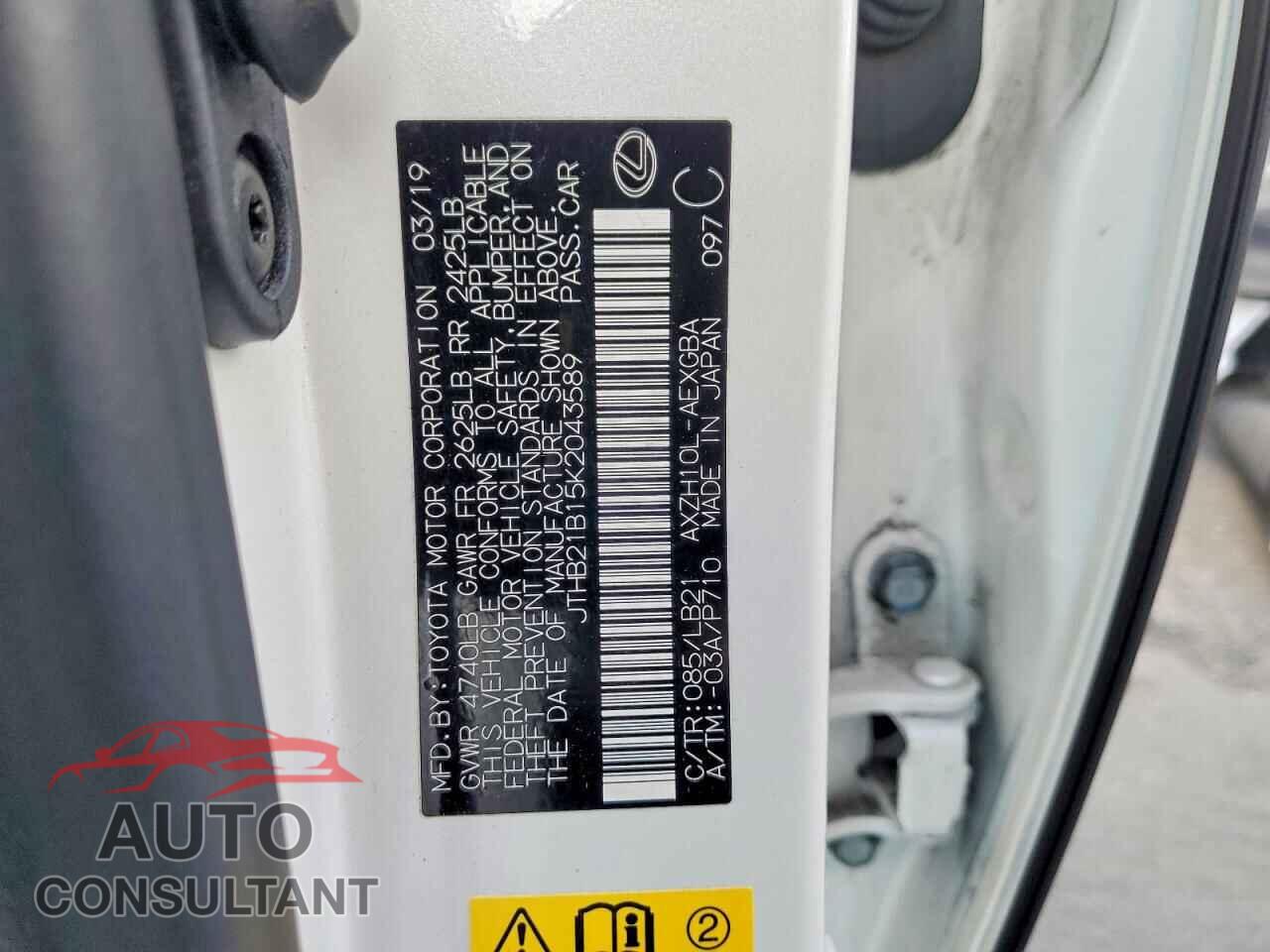 LEXUS ES300 2019 - JTHB21B15K2043589