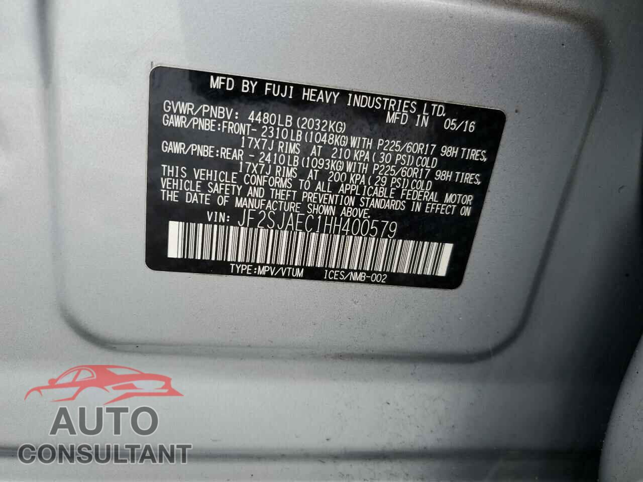 SUBARU FORESTER 2017 - JF2SJAEC1HH400579